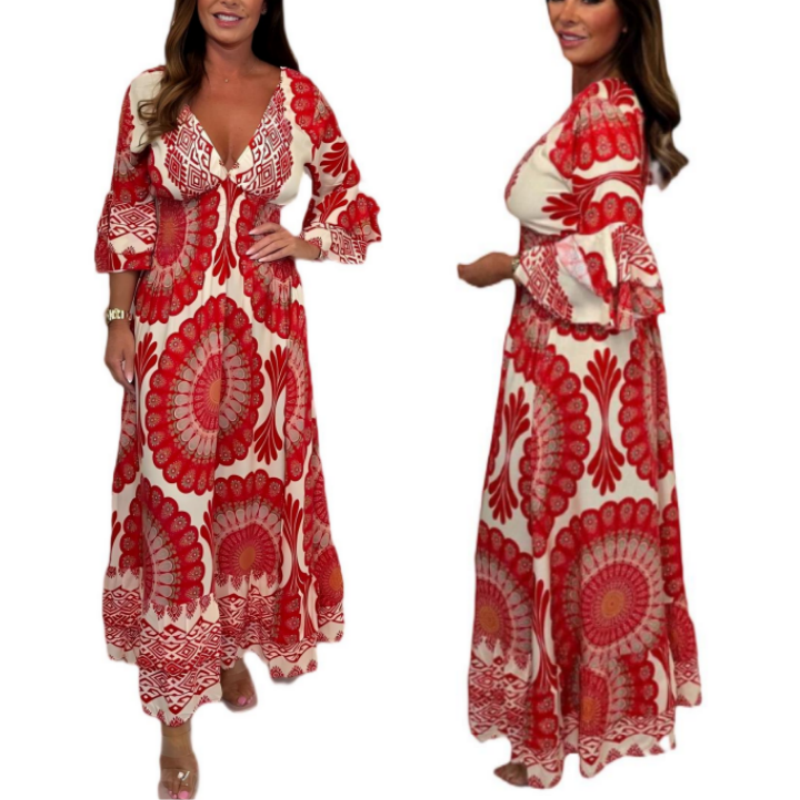 🔥Retro boho maxikjole for damer med dyp V-utringning🔥