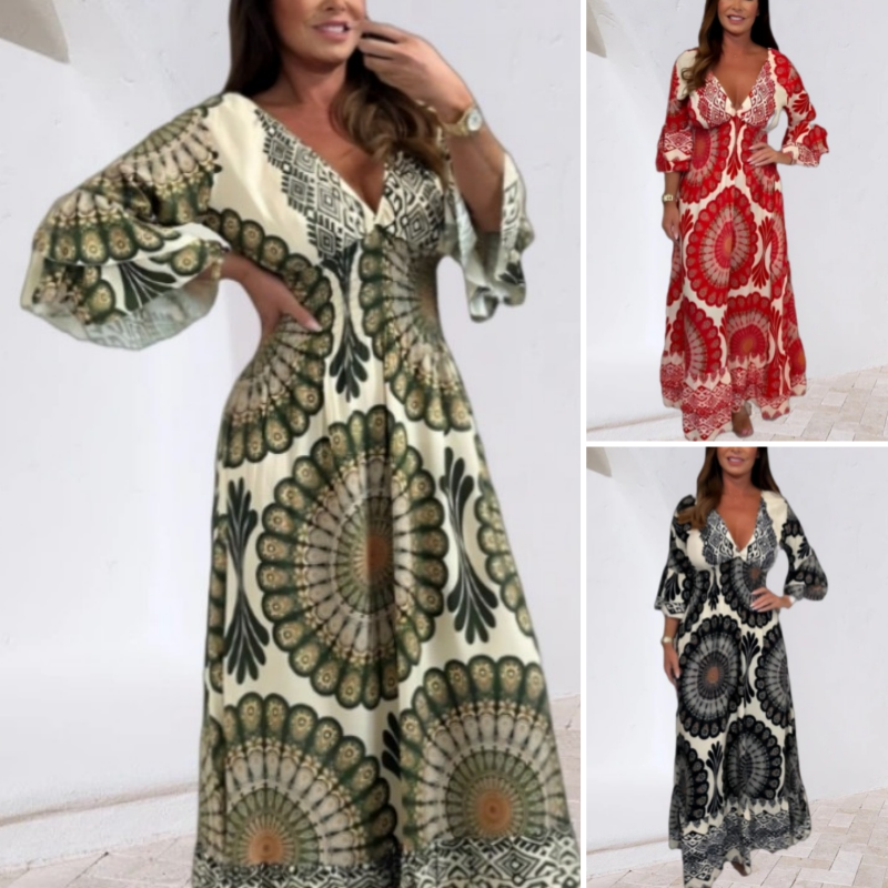 🔥Retro boho maxikjole for damer med dyp V-utringning🔥