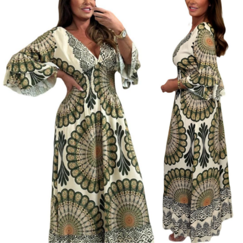 🔥Retro boho maxikjole for damer med dyp V-utringning🔥