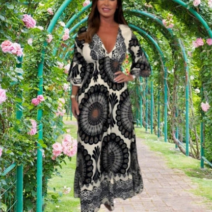 🔥Retro boho maxikjole for damer med dyp V-utringning🔥